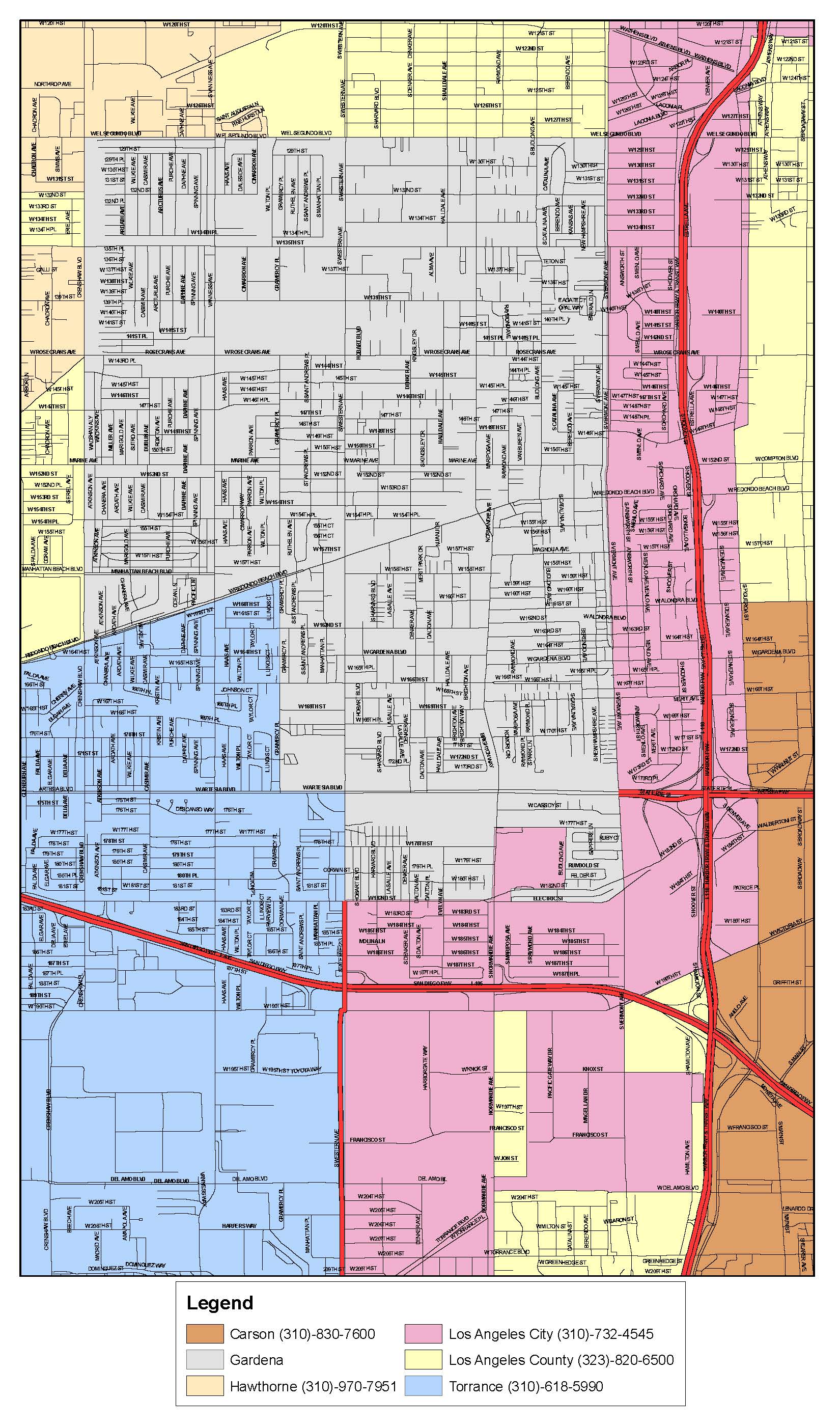 Map displaying the jurisdictions of Carson, Gardena, Hawthorne, Los Angeles City, Los Angeles County, and Torrance