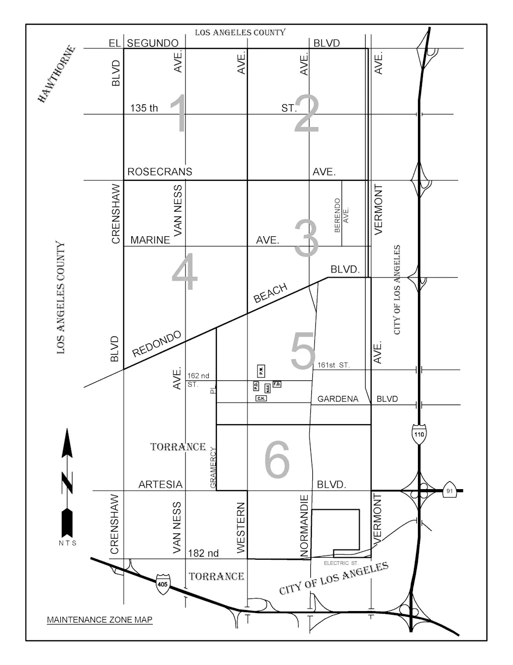 Map of the maintenance zones within the City of Gardena