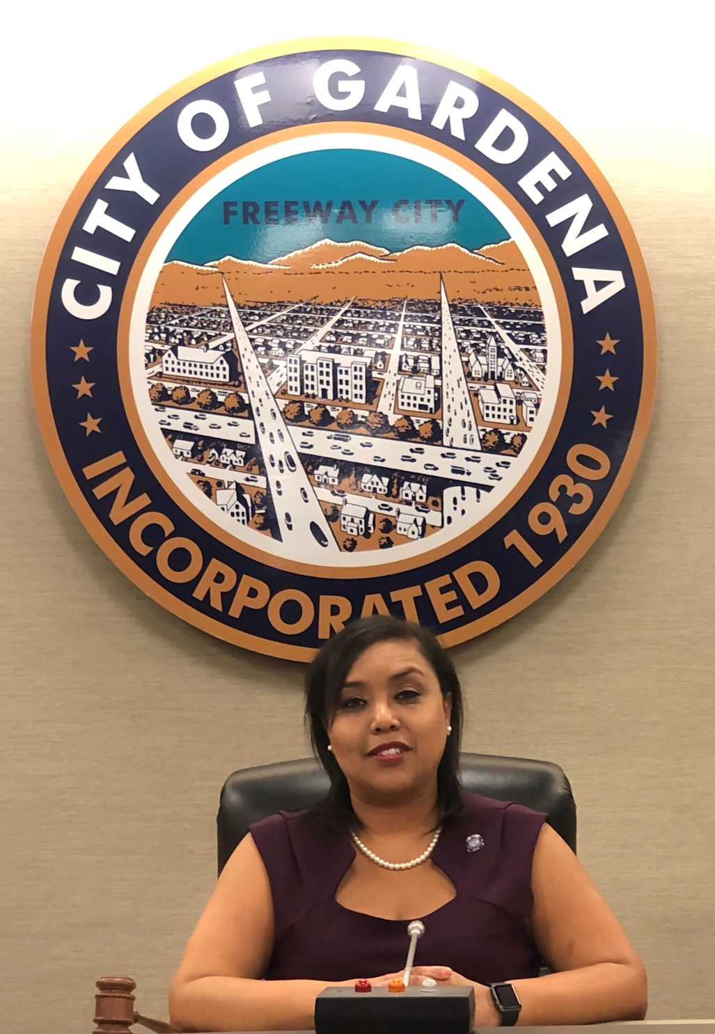 Mayor Cerda 2026 Mayor Tasha Cerda Portrait picture 2026 with city seal in background